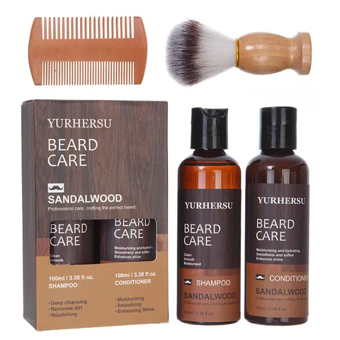 Sandalwood Beard Care Kit Men Beard Shampoo And Conditioner Grooming Cleaning With Wood Comb And Brush Beard Moisturizer
