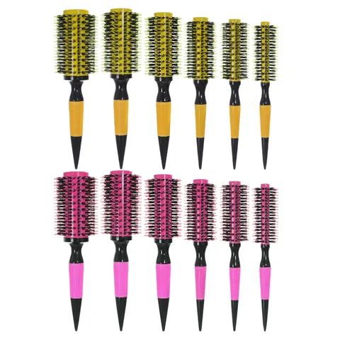 Spazzola Tonda per Capelli in Tubo di Alluminio Resistente al Calore Setole di Cinghiale Nylon Misto Con Manico in Legno a Coda Appuntita