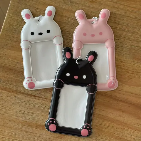 Lindo Conejo Funda de Tarjeta de PVC Portafototarjetas Insignia de ID de Estudiante Cubierta Protectora Con Cadena de Bolas Colgante