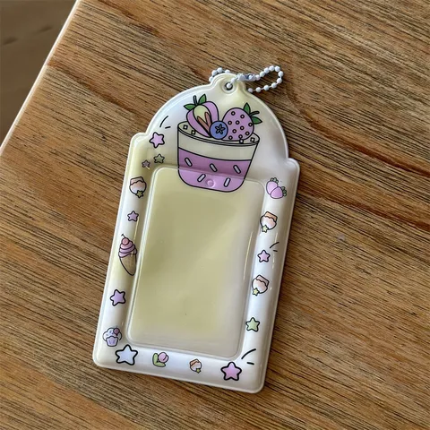 INS Cute Strawberry Cake Guitar Pudding 3 Inch Photocard Holder Transparent PVC ID Badge Display Pendant Keychain