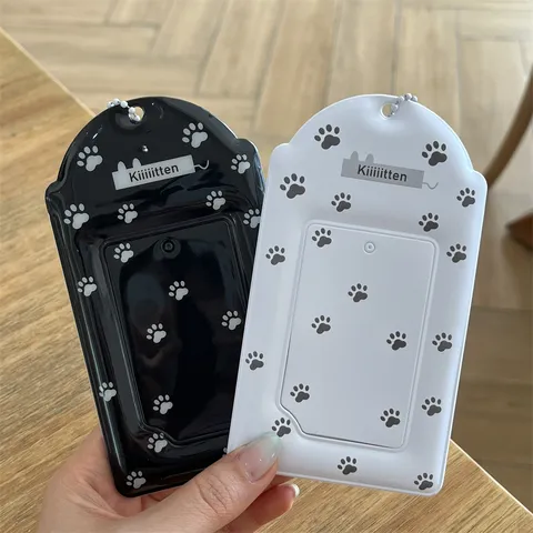Porte-Carte Photo Idol PVC Transparent 3 Pouces Motif Patte de Chat Étui de Protection pour Carte d'Identité avec Chaîne de Perles Papeterie Kawaii Portable