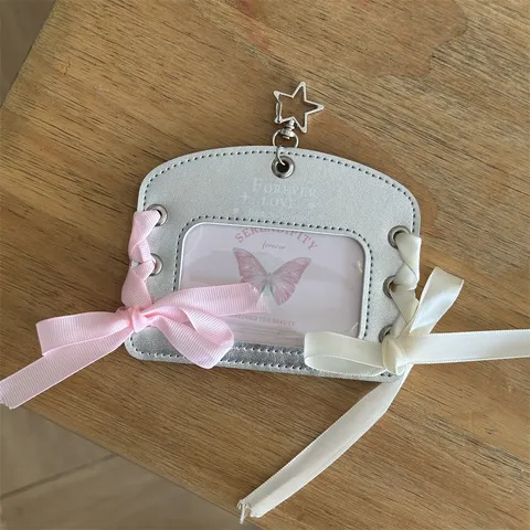 Silver Leather Photocard Holder Polaroid Photo Card Protector With Ribbon Bowknot