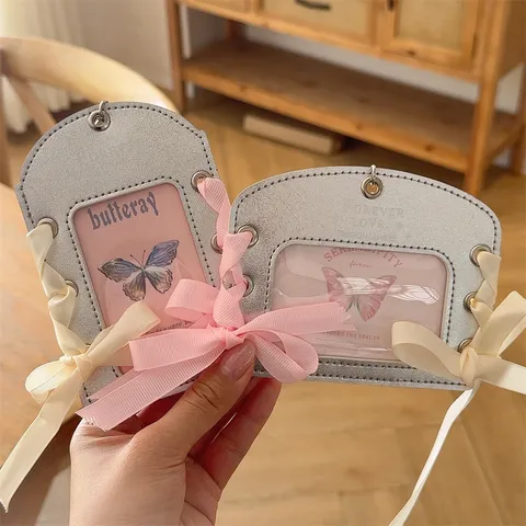 Silver Leather Photocard Holder Polaroid Photo Card Protector With Ribbon Bowknot