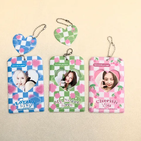 Ins Plaid Heart Clover Polaroid Photocard Holder Acrylic ID Card Protector With Pendant Keychain Student School Supplies