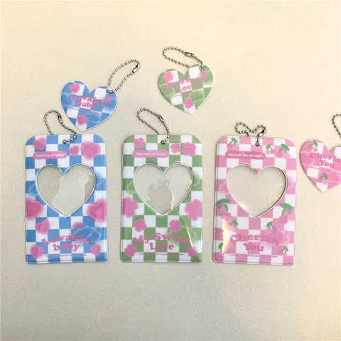Ins Plaid Heart Clover Polaroid Photocard Holder Acrylic ID Card Protector With Pendant Keychain Student School Supplies