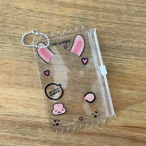 Transparent PVC Card Holder Cute Animal Zipper Badge Bag Photo Card Sleeve Protector With Pearl Chain Idol Photocard Display