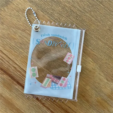 Portatarjetas Fotográfico de PVC Transparente Funda de Tarjeta con Cremallera y Sándwich Lindo con Cadena Bolsa de Almacenamiento Protectora