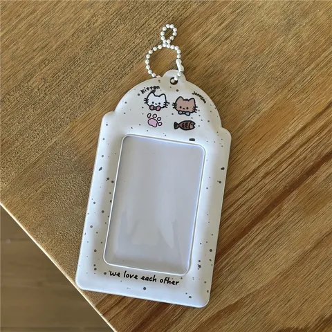 Ins Cute Cat PVC Photocard Holder Idol Photo Card Protector With Bead Chain School Bus Card Storage Cover