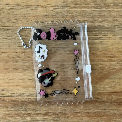 Transparent PVC Card Holder Cute Animal Zipper Badge Bag Photo Card Sleeve Protector With Pearl Chain Idol Photocard Display