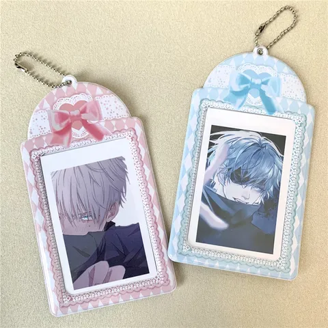 Bow Lace Polaroid Photo Card Holder Cute Idol Photocard Bus Card Storage Protector With Metal Bead Chain Pendant