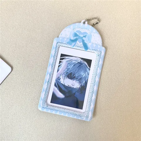 Bow Lace Polaroid Photo Card Holder Cute Idol Photocard Bus Card Storage Protector With Metal Bead Chain Pendant