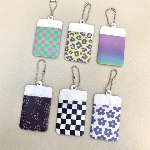 Ins Style Transparent Plastic Photo Card Holder Cute Checkerboard Leopard Floral ID Badge Holder With Keychain