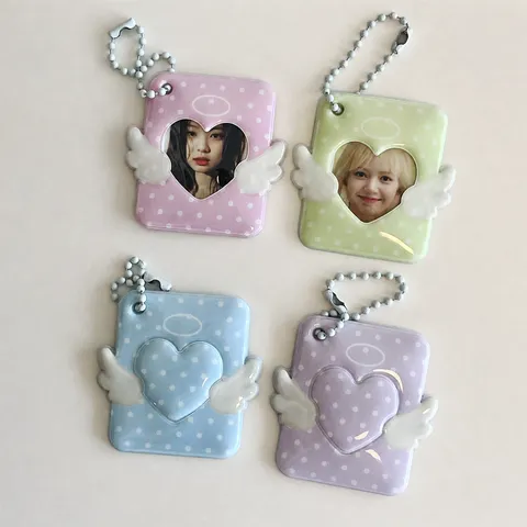 Portatarjetas de Foto ID de Ala de Ángel de Lunares Llavero Lindo Protector de Tarjeta de PVC Transparente Colgante de Bolsa Escolar Regalo