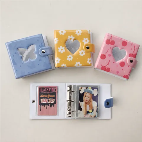 Mini Album Photo Mignon Style Ins Support de Carte Porte-Cartes Couverture PP à Feuilles Mobiles avec Design Cœur Papillon Évidé