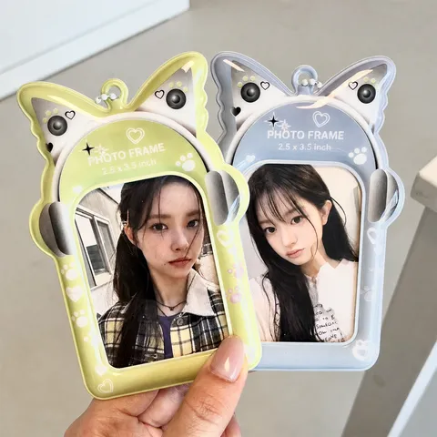 PVC Photocard Holder Cute Cat Ear Heart Earphone Design 3 Inch Polaroid Photo Card Protector With Bead Chain Pendant
