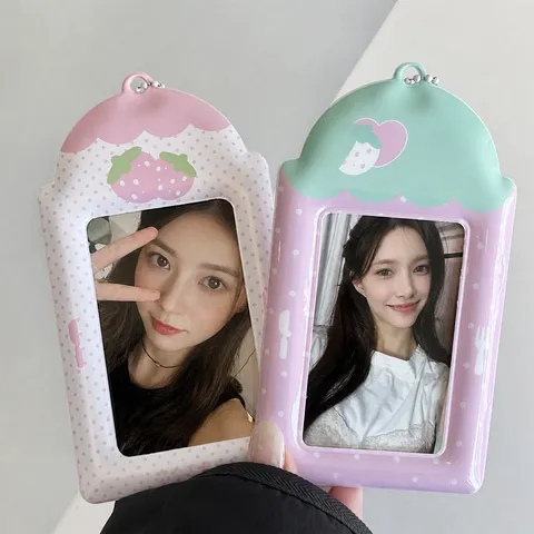 Lindo Tarjetero Fotográfico de PVC con Fresa y Rosa de Lunares Funda Protectora para Tarjeta de Identificación de Estudiante y Autobús con Cadena de Cuentas