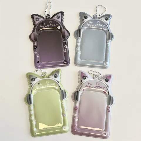 PVC Photocard Holder Cute Cat Ear Heart Earphone Design 3 Inch Polaroid Photo Card Protector With Bead Chain Pendant