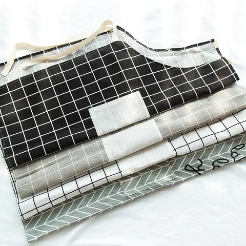 Kitchen Apron Cotton Linen Anti Oil Cooking Bib Minimalist Korean Style Plaid Work Apron For Adults Home Kitchen