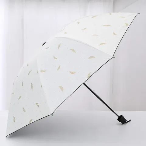 Paraguas Plegable Portátil Revestimiento Negro Protección UV Paraguas de Sol Estampado de Plumas Paraguas de Viaje Compacto