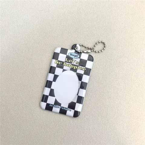 Ins Style Transparent Plastic Photo Card Holder Cute Checkerboard Leopard Floral ID Badge Holder With Keychain