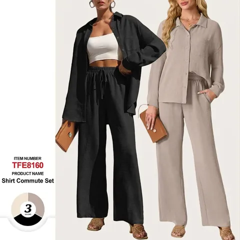 Damen Casual Langarm Hemd Und Weite Hose Outfit Einfarbig Plissiert Lockeres Oberteil Und Unterteil Kombi-Set
