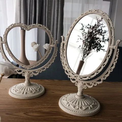 European Vintage Tabletop Makeup Mirror Double Sided Rotating Desktop Cosmetic Mirror Heart Oval Vanity Mirror