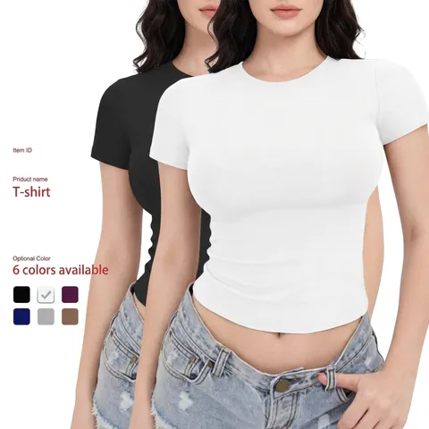 Women Casual Solid Color Crew Neck Basic Slim Short Sleeve Cropped T-Shirt Polyester Summer Fashion Top