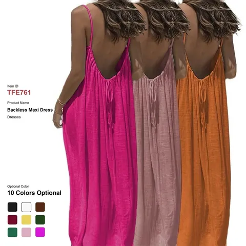Women Summer Casual Solid Color Backless Ruched Maxi Dress Spaghetti Strap Sleeveless Beach Vacation Long Dress