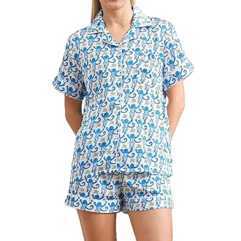 Donna Estate Manica Corta Revers Pigiama Set Scimmia dei Cartoni Animati Stampa Bottoni Top e Pantaloni Abbigliamento da Notte