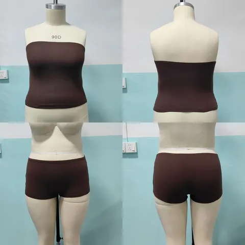 Top a Fascia Senza Spalline Plus Size e Pantaloncini da Donna Tinta Unita Vestibilità Affusolata Estate Casual