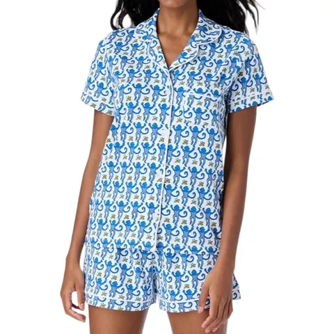 Donna Estate Manica Corta Revers Pigiama Set Scimmia dei Cartoni Animati Stampa Bottoni Top e Pantaloni Abbigliamento da Notte
