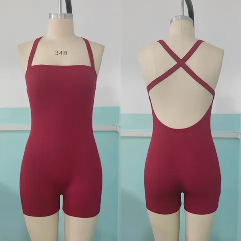 Women's Summer Sexy Halter Square Neck Backless Ribbed Knit Slim Fit Bodysuit Jumpsuit Solid Color Stretch Romper