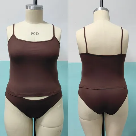 Women Plus Size Casual Solid Color Camisole Tank Top And Briefs Set Summer Basic Sleeveless Top Underwear