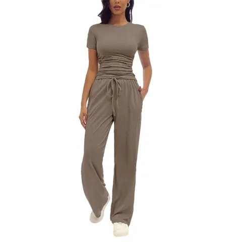 Dames Casual Effen Kleur Geplooid Korte Mouw Top En Trekkoord Broek Pak Mode Zomer Outfit