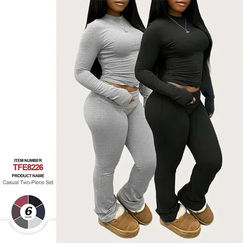 Women's Casual Long Sleeve T-Shirt And Yoga Pants Set Solid Color Slim Fit Activewear Top And Bottom Outfit
