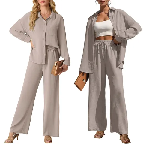 Damen Casual Langarm Hemd Und Weite Hose Outfit Einfarbig Plissiert Lockeres Oberteil Und Unterteil Kombi-Set