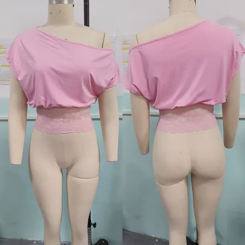 T-Shirt Décontracté pour Femme Épaules Dénudées Manches Courtes Mode Slim Fit Patchwork Dentelle Couleur Unie Haut