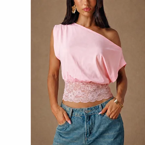 T-Shirt Décontracté pour Femme Épaules Dénudées Manches Courtes Mode Slim Fit Patchwork Dentelle Couleur Unie Haut