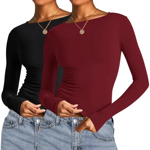 Damen Casual Langarm Einfarbig Slim Fit Rundhals Pullover T-Shirt Basic Alltags-Top Polyester Mode Bekleidung