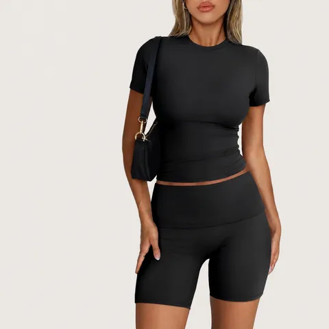 Women's Casual Modal Blend Top And Bottom Set Crew Neck Short Sleeve T-Shirt And Shorts Matching Outfit Loungewear