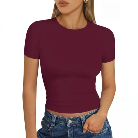 Maglietta a Manica Corta Tinta Unita Casual da Donna Vestibilità Slim Basic Girocollo Top Corto Moda Abbigliamento Estivo