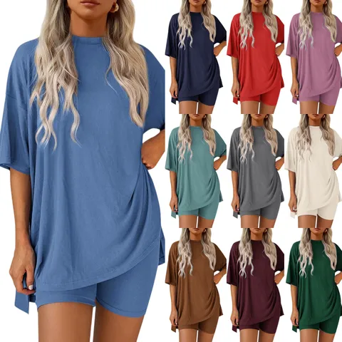 Women's Casual Modal Blend Solid Color Short Sleeve Top And Bottom Loose Summer Sporty Outfit