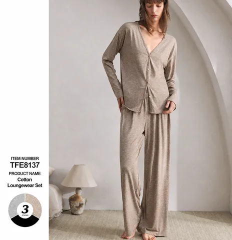Damen Casual Langarm Cardigan Und Hose Pyjama Set Polyester Unifarben Hausanzug Nachtwäsche Für Zuhause