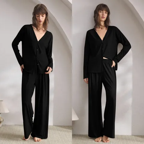 Damen Casual Langarm Cardigan Und Hose Pyjama Set Polyester Unifarben Hausanzug Nachtwäsche Für Zuhause
