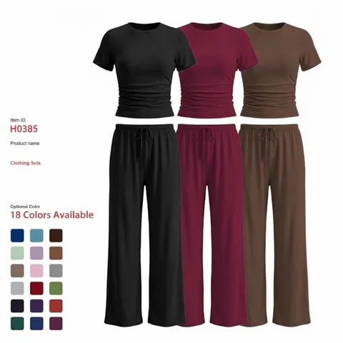 Women's Casual Two Piece Outfit Short Sleeve Pleated Top And Straight Leg Pants Summer Sporty Athletic Tracksuit Set