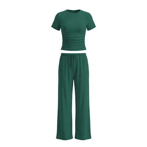 Women's Casual Two Piece Outfit Short Sleeve Pleated Top And Straight Leg Pants Summer Sporty Athletic Tracksuit Set