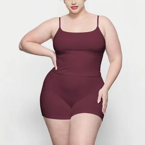 Plus Size Women Casual Sexy Sling Top And Shorts Set Solid Color Stretch Slim Fit Loungewear Yoga Athletic Set