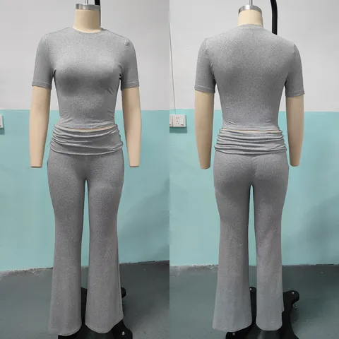 Women Casual Solid Color Slim Fit Short Sleeve Top And Flare Pants Two Piece Outfit Summer Fashion Daily Wear