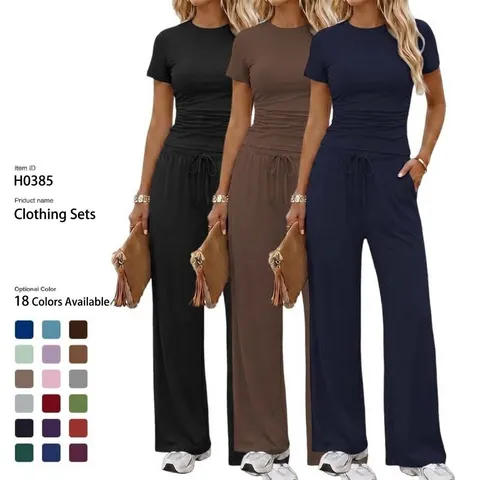 Women Casual Solid Color Pleated Short Sleeve Top And High Waist Wide Leg Pants Set Summer Fashion Two Piece Tracksuit