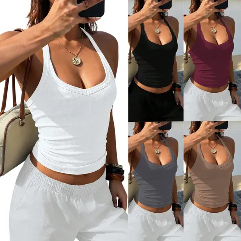 Women Y2K Ribbed Halter Neck Backless Crop Top Sexy Slim Fit Sleeveless Summer Casual Basic Solid Color Streetwear